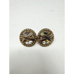 Pierre Balmain Vintage 1970s Cross Round Clip On Earrings Gold Tone White Stone